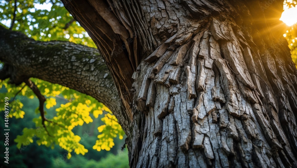 Poster upward view of tree trunk with bark texture and sunlight