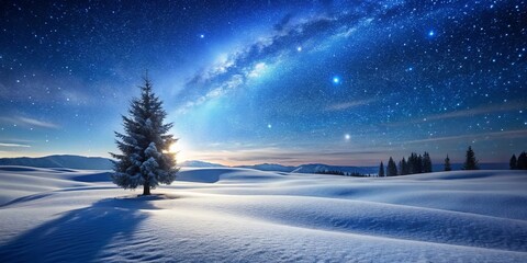 A solitary snow-covered evergreen stands sentinel against a breathtaking winter landscape, silhouetted by the radiant glow of a celestial panorama featuring a mesmerizing Milky Way
