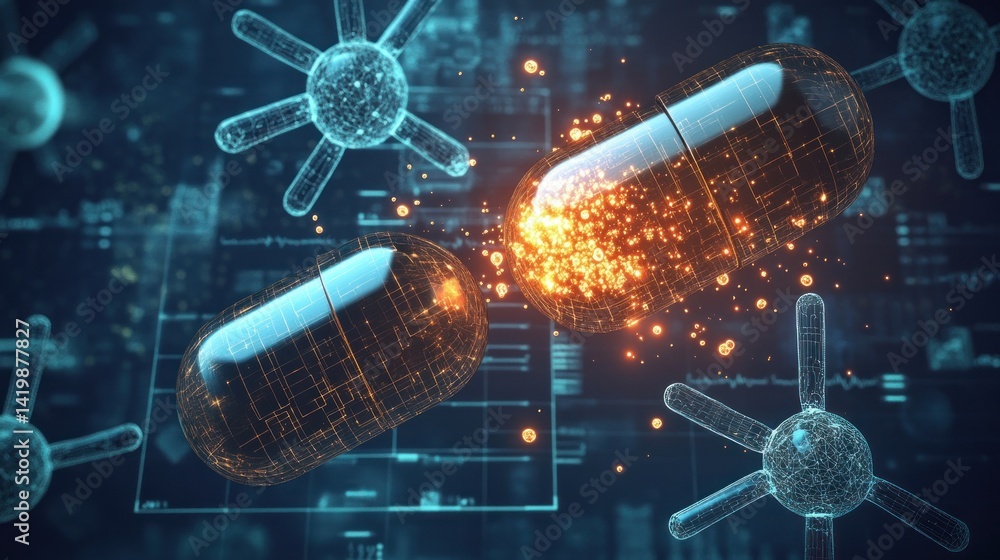 Poster digital representation of capsules colliding with particles