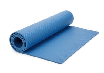 Fototapeta premium Rolled blue yoga mat partially unrolled on white background