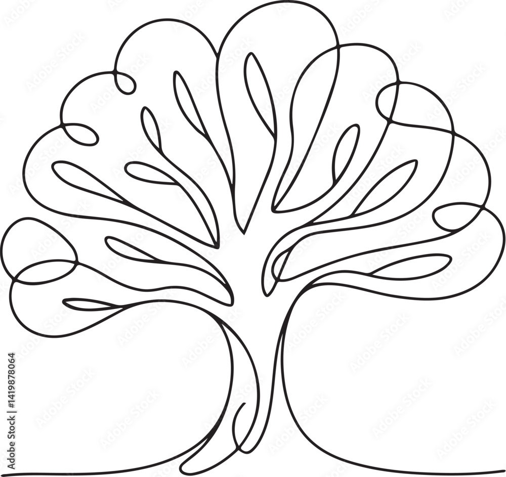 Poster line drawing stylized tree curving branches symmetrical shape organic pattern black and white illust