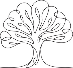 Line drawing stylized tree curving branches symmetrical shape organic pattern black and white illustration minimalist design continuous line art abstract tree silhouette rounded cr