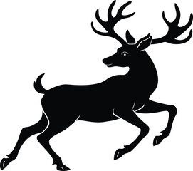 jumping silhouette icon, happy deer head silhouette vector symbol, deer head silhouette, head of a deer, smiling deer cartoon character head icon on white background.