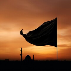 Black flag waving during Muharram at sunset sky