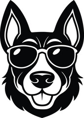 vector illustration of a dog, black and white dog, sitting dog silhouette vector icon, funny cute dog wearing sunglass symbol icon.