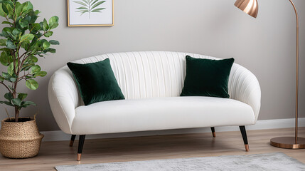 Serene Home Interior Featuring a Stylish White Sofa with Emerald Green Pillows and Elegant Plant Decor
