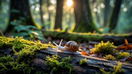 Snail Crawling on Mossy Log in Forest with Sunlight Glimmering