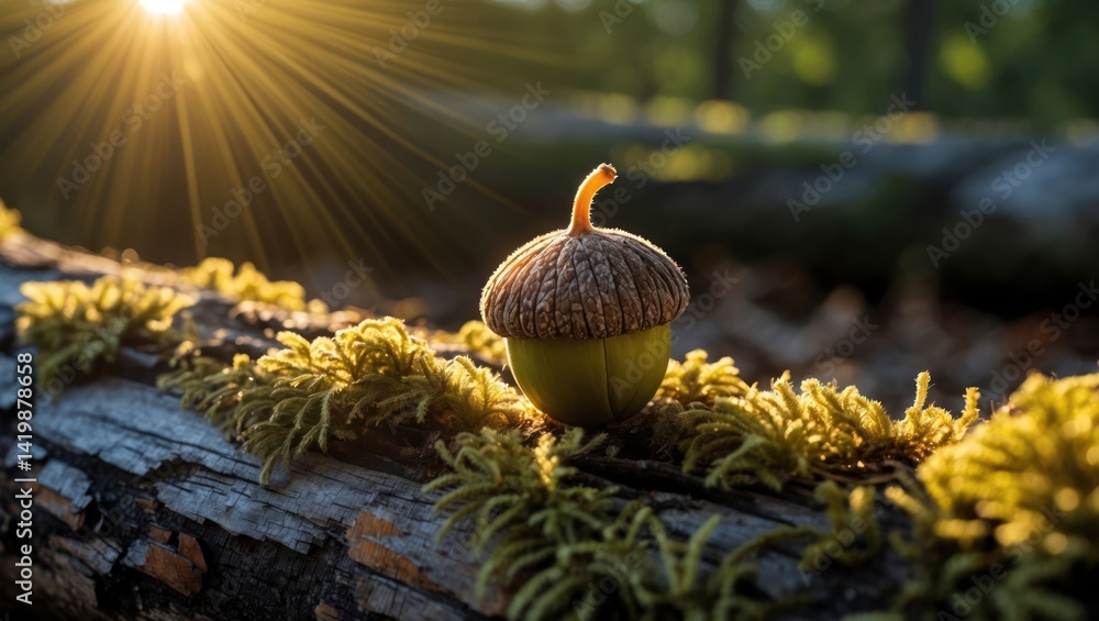 Poster Acorn Resting on Mossy Log with Sunlight Streaming Through Trees