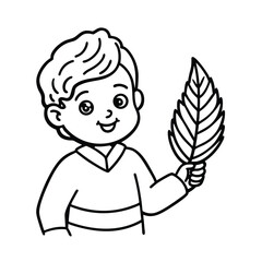 Cartoon Boy Holding Leaf Outline Illustration For Childrens Coloring Book Page