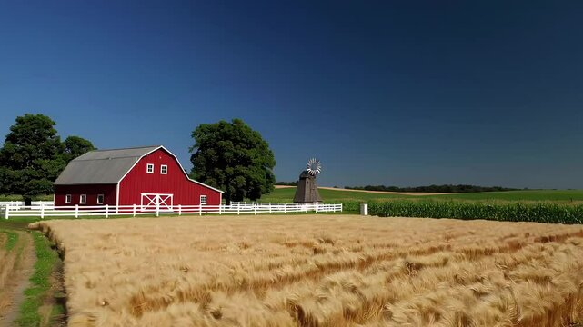 Red Barn Surrounded by Fields under Clear Sky at Rural Landscape