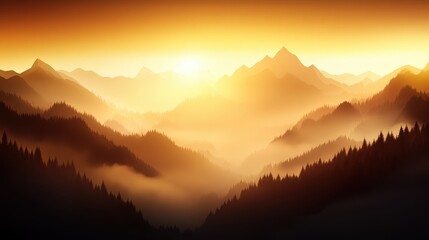 Fototapeta premium A stunning mountain landscape at sunrise, featuring layers of peaks and valleys bathed in warm golden light and mist.