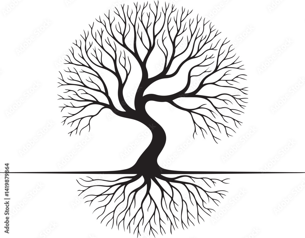 Poster minimalist tree drawing black and white line art twisted trunk bare branches organic curves simple e