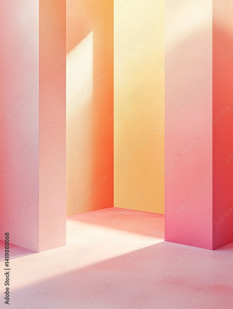 Poster modern minimalist indoor space with soft gradient colors. light casts gentle shadows on geometric wa