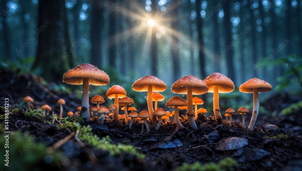 Poster glowing mushrooms in forest with sun rays filtering through trees
