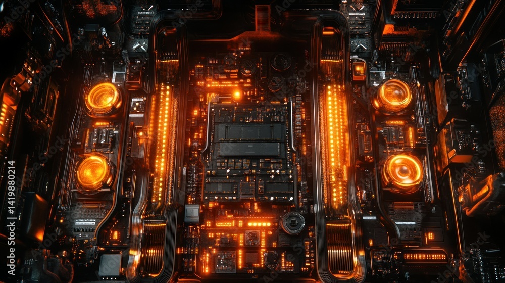 Poster complex illuminated electronic circuitry featuring intricate glowing components and details
