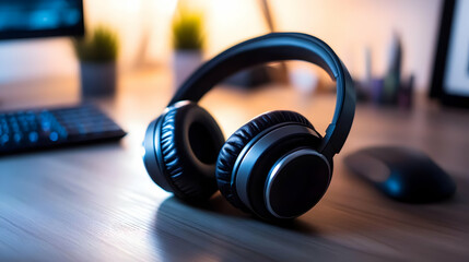 Black and Silver Over Ear Headphones on Wood Desk with Computer Keyboard and Mouse in Soft Lighting