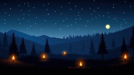 A serene, starry night scene with silhouetted trees and glowing lights, creating a peaceful and enchanting atmosphere.