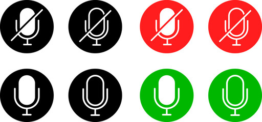 mute microphone icons set . Voice record buttons. mic off symbol. Retro vocal speaker buttons. Classical micro with volume off