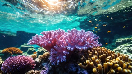 Obraz premium Colorful Coral Reef Underwater Scene with Fish and Sunlit Water