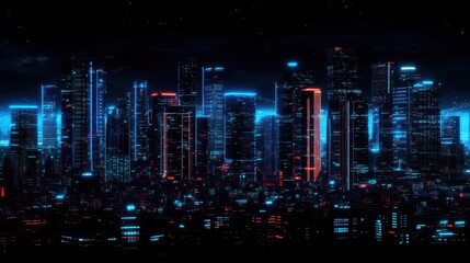 Obraz premium A vibrant, futuristic city skyline at night, illuminated by neon lights, showcasing towering skyscrapers and a dynamic urban atmosphere.