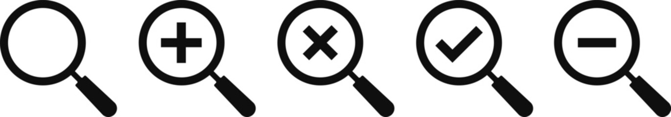 Magnifying glass icon set. loupe sign with check mark, plus symbol.  Search icons