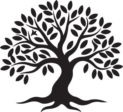 Tree silhouette stylized illustration navy blue on white background intricate branches abundant leaves organic shapes twisted trunk roots visible symmetrical design nature art mini