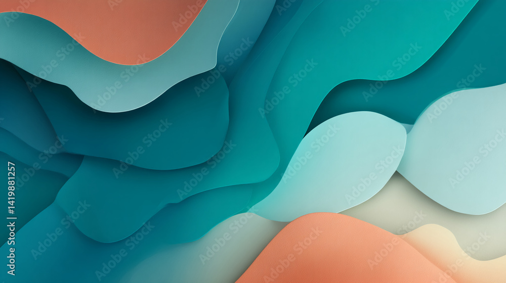 Poster abstract image of teal, blue, and peach layers creating a wavy, fluid design, suggesting calmness an