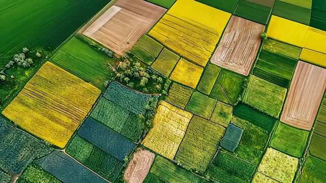 Aerial view of vibrant patchwork farmland with various crops and fields in lush green and yellow hues