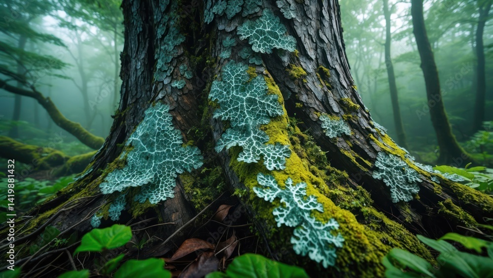 Poster tree trunk covered in moss and lichen in misty forest