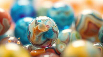 Colorful, glossy marbles, various shades, swirling patterns