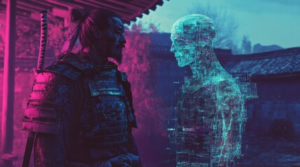 A glitching cybernetic ghost standing beside a samurai warlord frozen in time.