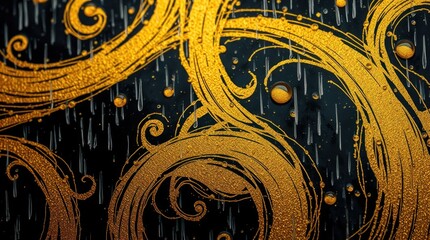Naklejka premium Golden swirls, rain drops, dark background