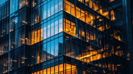 Modern skyscraper featuring reflective windows and warm interior lighting