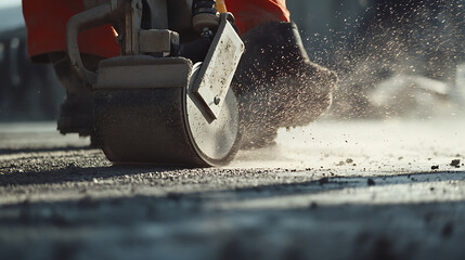 Concrete cutter operating a saw on pavement. Featuring strength and precision