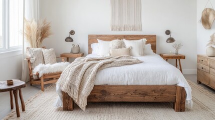 Cozy bedroom with wooden furniture and soft decor