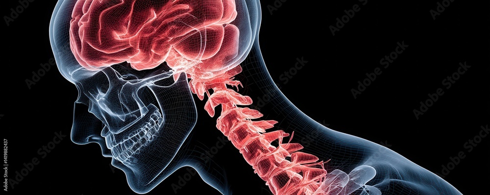 Poster brainstem illustration of a human head displaying anatomical structures in a neon-like style.