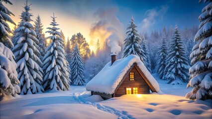 Fototapeta premium Serene Winter Cabin nestled in a Snow-Covered Forest at Sunset, emitting a warm inviting glow from its windows.