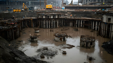 Construction site flooded with muddy water, showing unfinished building structures and heavy machinery.