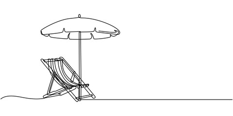Continuous one line drawing of beach sunbed design. Beach umbrella and chair for holiday and vacation concept in single line draw. Editable stroke, Continuous one single minimal line drawing summer .