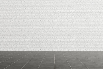 Room perspective,white brick wall and ceramic tile ground.
