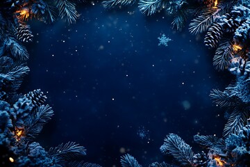 Fototapeta premium Christmas-themed frame background with blue and white decorations on a dark blue color background, space for text