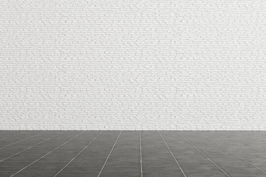 Fototapeta Room perspective,white brick wall and ceramic tile ground.