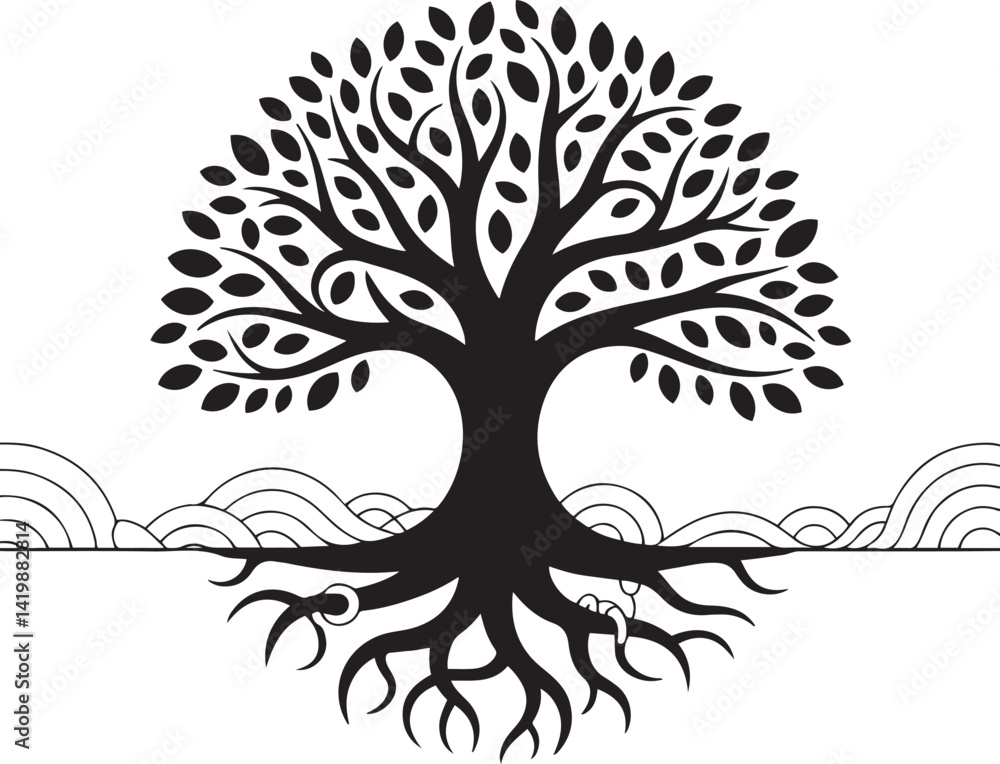 Poster tree silhouettes stylized illustrations black and white intricate leaf patterns circular fruits orga