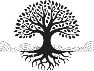 Obraz premium Tree silhouettes stylized illustrations black and white intricate leaf patterns circular fruits organic branching structures varied tree shapes symbolic tree of life roots visible