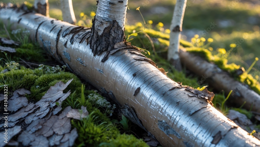 Poster fallen tree log with moss and leaves in forest setting