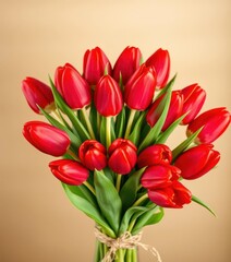 Obraz premium A vibrant bouquet of red tulips tied simply with natural raffia, macro, rustic