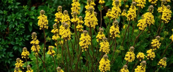 Obraz premium Bushy upright stems, vibrant green foliage, clusters of tiny yellow blooms, bright, close-up, herbaceous