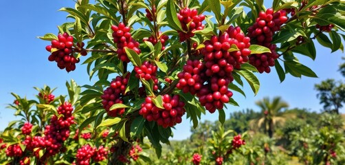 Obraz premium Coffee tree laden with ripe red coffee cherries on a plantation, sunlight, light, farming