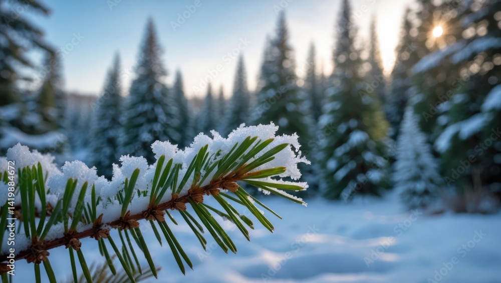 Poster evergreen branch covered in snow with a forest backdrop
