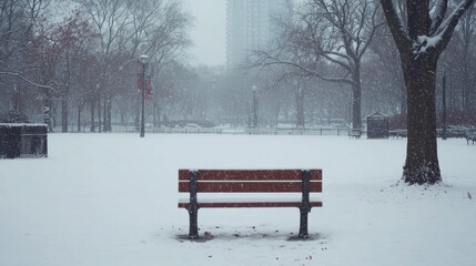 Empty Park Bench in Snowy Landscape during Winter Storm